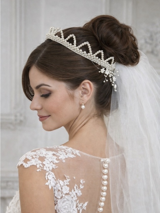 Alaska Brides Accessories - Vintage Pearl Beaded Bridal Headpiece with Veil & Floral Accents
